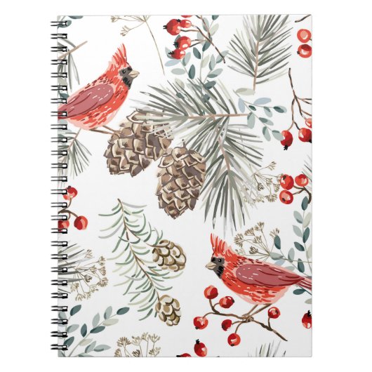 Kerstnaadloos patroon, kardinaalvogels, rood notitieboek (Voorkant)