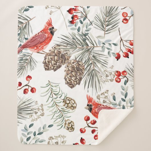 Kerstnaadloos patroon, kardinaalvogels, rood sherpa deken (Voorkant)