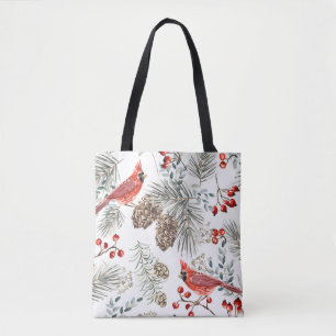 Kerstnaadloos patroon, kardinaalvogels, rood tote bag