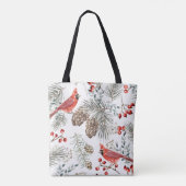 Kerstnaadloos patroon, kardinaalvogels, rood tote bag (Achterkant)