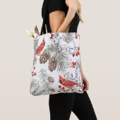 Kerstnaadloos patroon, kardinaalvogels, rood tote bag (Dichtbij)
