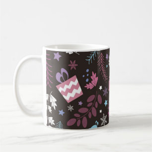 Kerstnaadloos patroon met boom, sneeuw, geschenk koffiemok