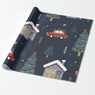 Kerstnaadloos patroon met kerstboom, auto cadeaupapier
