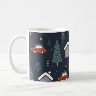 Kerstnaadloos patroon met kerstboom, auto koffiemok