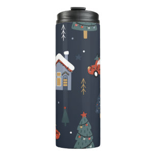 Kerstnaadloos patroon met kerstboom, auto thermosbeker