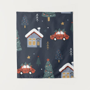 Kerstnaadloos patroon met kerstboom, auto wandkleed
