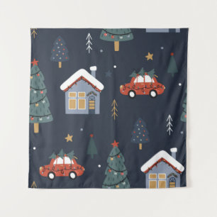 Kerstnaadloos patroon met kerstboom, auto wandkleed