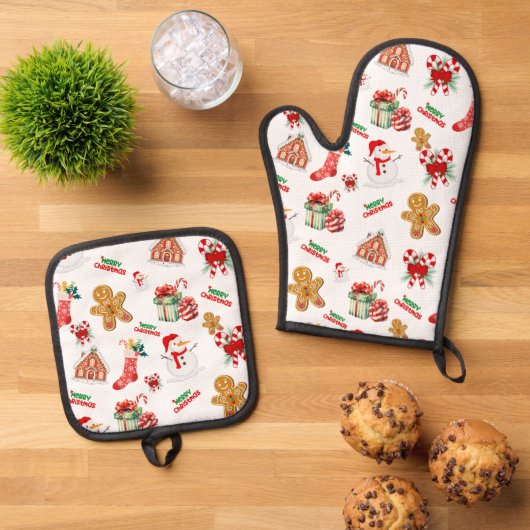Kerstnaadloos patroon ovenwant & pannenlap set (Top down)