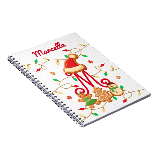 Kerstnaam Monogram Custom Gingerbread Rood Notitieboek (Rechterzijde)