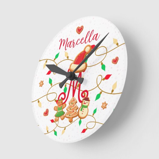 Kerstnaam Monogram Custom Gingerbread Rood Ronde Klok (Hoek)