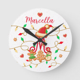 Kerstnaam Monogram Custom Gingerbread Rood Ronde Klok