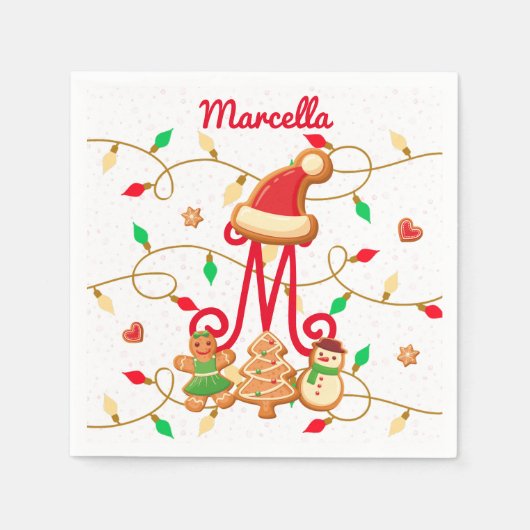 Kerstnaam Monogram Custom Gingerbread Rood Servet (Voorkant)