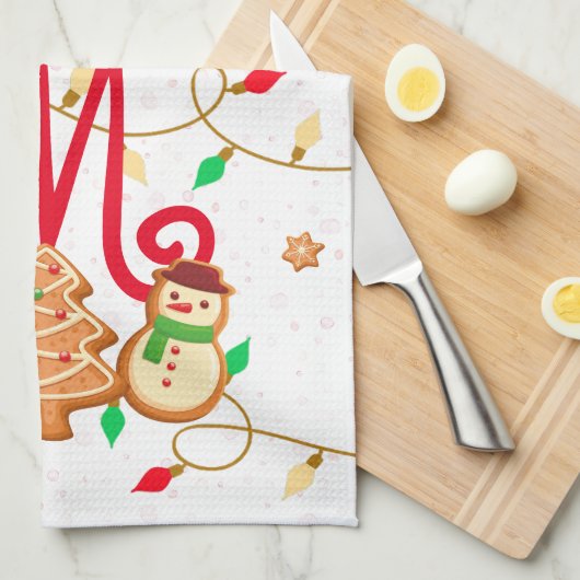 Kerstnaam Monogram Custom Gingerbread Rood Theedoek (Quarter Fold)