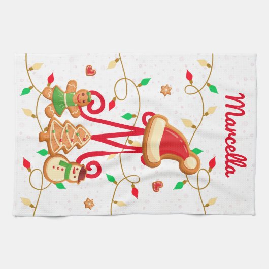 Kerstnaam Monogram Custom Gingerbread Rood Theedoek (Horizontaal)