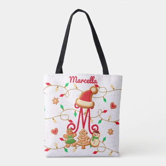 Kerstnaam Monogram Custom Gingerbread Rood Tote Bag (Achterkant)