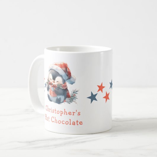 Kerstnaam Penguin Grey Hot Chocolate mok (Voorkant links)