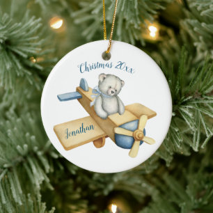 Kerstnaam van de Waterverf van het Beer-vliegtuig Keramisch Ornament