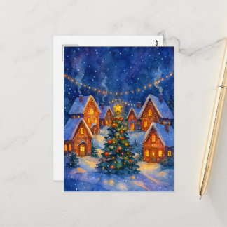 Kerstnacht dorp kerstmis aquarel vintage briefkaart
