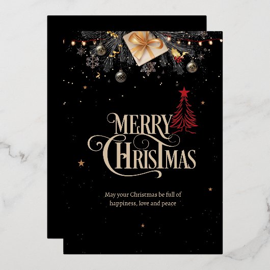 Kerstnacht Feest Uitnodiging, Zwart en Goud Folie Feestdagenkaart (Voorkant / Achterkant)