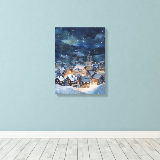 Kerstnacht hemel Dorp in de sneeuw Canvas Afdruk (Insitu (Houten vloer))