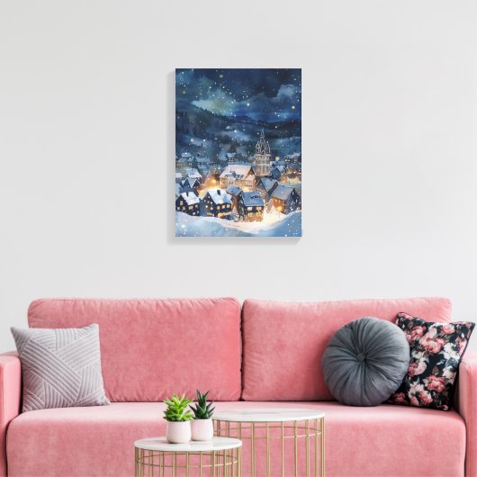 Kerstnacht hemel Dorp in de sneeuw Canvas Afdruk (Insitu (Woonkamer))