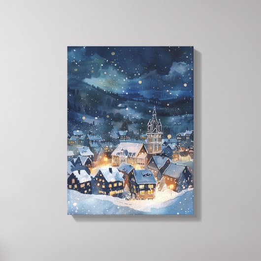 Kerstnacht hemel Dorp in de sneeuw Canvas Afdruk (Voorkant)