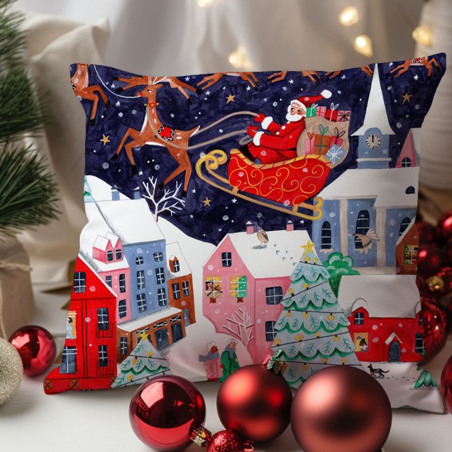 Kerstnacht Noordse dorp Kussen (Santa Night before Christmas Nordic Village Throw Pillow
)