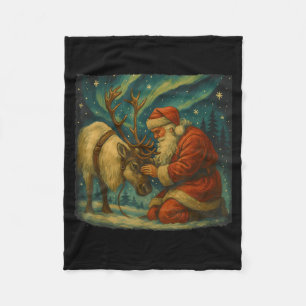 Kerstnacht scene met vintage Kerstman en rendieren Fleece Deken