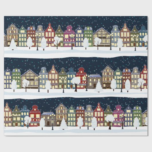 Kerstnacht - stadssneeuwval cadeaupapier (Vlak)