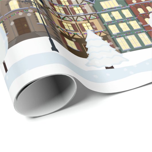 Kerstnacht - stadssneeuwval cadeaupapier (Rol Hoek)