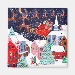 Kerstnacht voor Kerstmis Noordse dorp Magneet