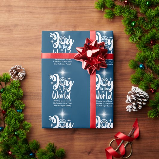Kerstnativiteit Joeit tot de Wereld Blauw & Wit Cadeaupapier (Feestdagen Geschenken)