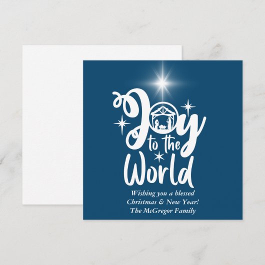 Kerstnativiteit Joeit tot de Wereld Blauw & Wit Feestdagenkaart (Voorkant / Achterkant)