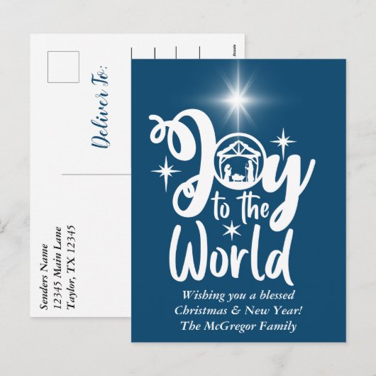 Kerstnativiteit Joeit tot de Wereld Blauw & Wit Feestdagenkaart (Voorkant / Achterkant)