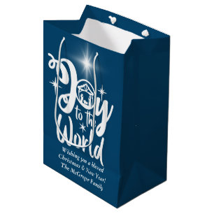 Kerstnativiteit Joeit tot de Wereld Blauw & Wit Medium Cadeauzakje