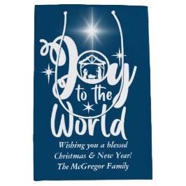 Kerstnativiteit Joeit tot de Wereld Blauw & Wit Medium Cadeauzakje