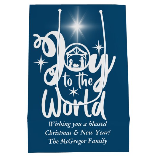 Kerstnativiteit Joeit tot de Wereld Blauw & Wit Medium Cadeauzakje (Achterkant)