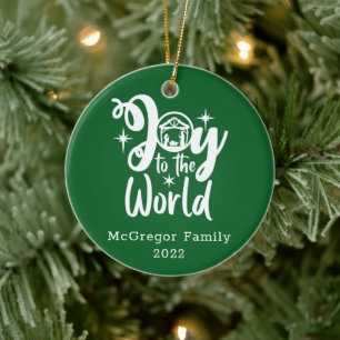 Kerstnativiteit Joy tot de Wereld Groen en Wit Keramisch Ornament