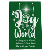 Kerstnativiteit Joy tot de Wereld Groen en Wit Medium Cadeauzakje (Achterkant)