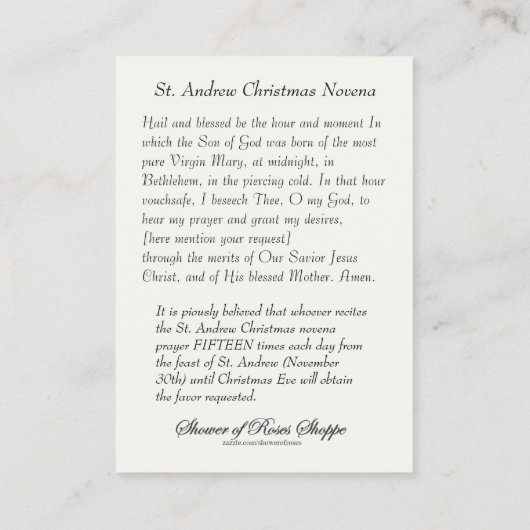 kerstnativiteit Novena Jesus Mary Heilige Kaart Visitekaartje (Achterkant)