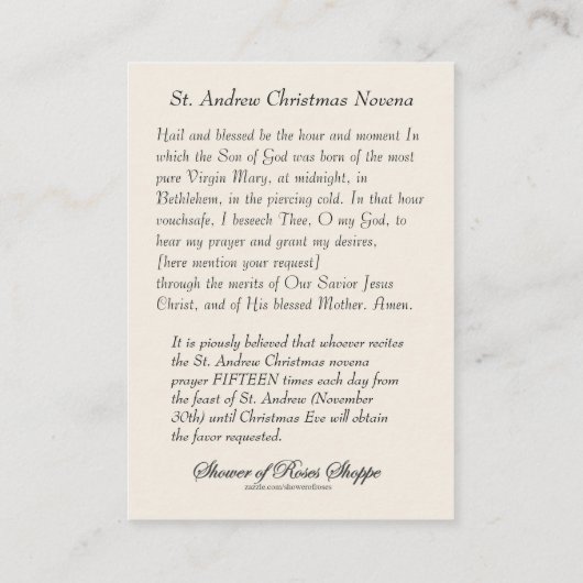 kerstnativiteit Novena Jesus Mary Heilige Kaart Visitekaartje (Achterkant)