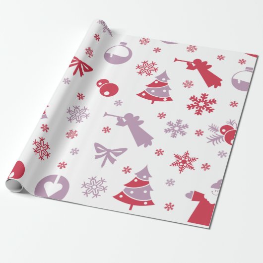 Kerstneeuwvlokken, Angels en Trees Pattern Cadeaupapier (Uitgerold)