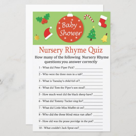 Kerstneursery Rhyme Quiz baby shower game (Voorkant / Achterkant)