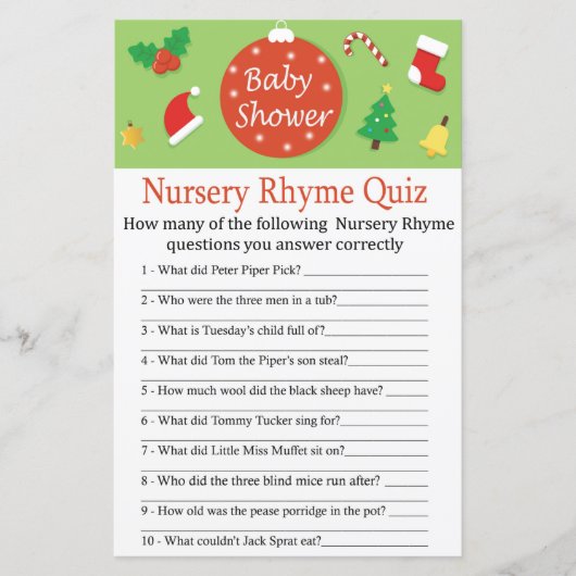 Kerstneursery Rhyme Quiz baby shower game (Voorkant)