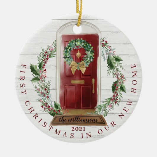 Kerstnieuwe roodbruine Waterverf van startpunt fot Keramisch Ornament (Voorkant)