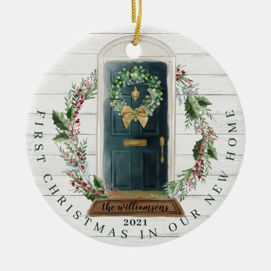 kerstnieuwe startfoto groene Waterverf deur Keramisch Ornament (Voorkant)