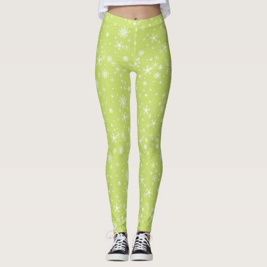 Kerstnieuwigheid Sneeuwvlokken op Green Winter Fun Leggings (Voorkant)