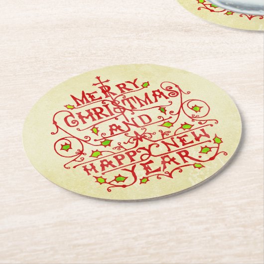 Kerstnieuwjaar  typografie ronde kartonnen onderzetter (Gebogen)