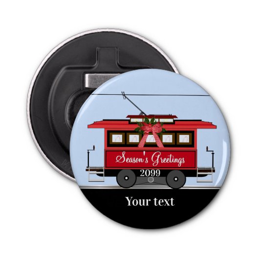 Kerstnieuwjaars Red Tram Trolley Streetcar Button Flesopener (Voorkant)