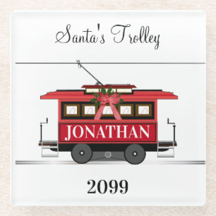 Kerstnieuwjaars Red Tram Trolley Streetcar Glazen Onderzetter